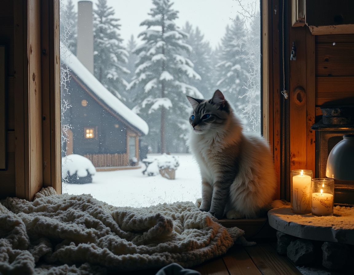Cat looks out a frosted window at the snowy world outside, while the cozy warmth of the cabin and the glow of the fireplace create a peaceful, inviting atmosphere.